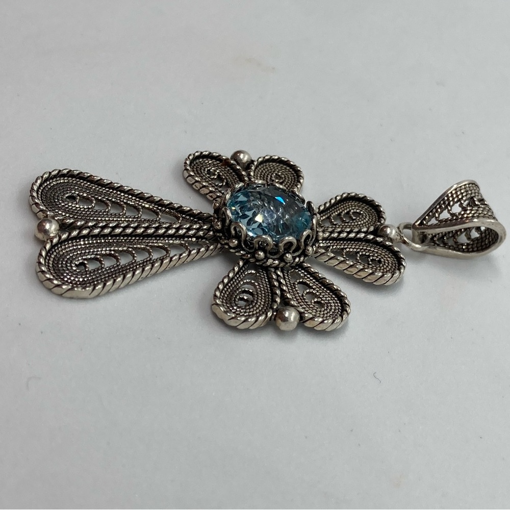 Vtg Sterling & Topaz Filigree Large Cross Pendant - DGS Turkey / 2.3” Length - Picture 5 of 11